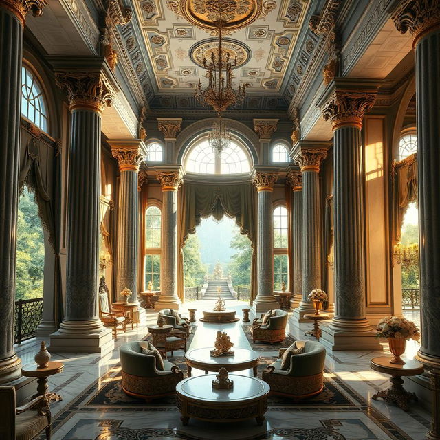 An opulent interior of a high fantasy palace, showcasing a Roman aesthetic with grand columns and intricate architectural details