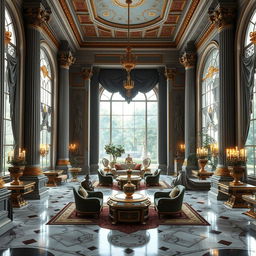 An opulent interior of a high fantasy palace, showcasing a Roman aesthetic with grand columns and intricate architectural details