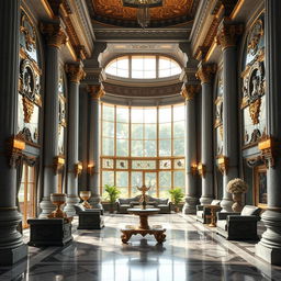 An opulent interior of a high fantasy palace, showcasing a Roman aesthetic with grand columns and intricate architectural details