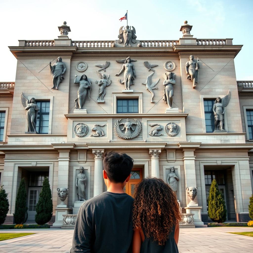 Two teenage boys standing with their backs to a large, majestic school featuring intricate Greek and Pharaonic symbols on its facade