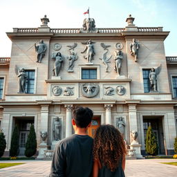 Two teenage boys standing with their backs to a large, majestic school featuring intricate Greek and Pharaonic symbols on its facade