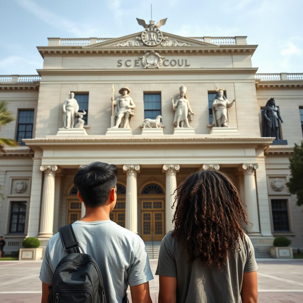 Two teenage boys standing with their backs to a large, majestic school featuring intricate Greek and Pharaonic symbols on its facade