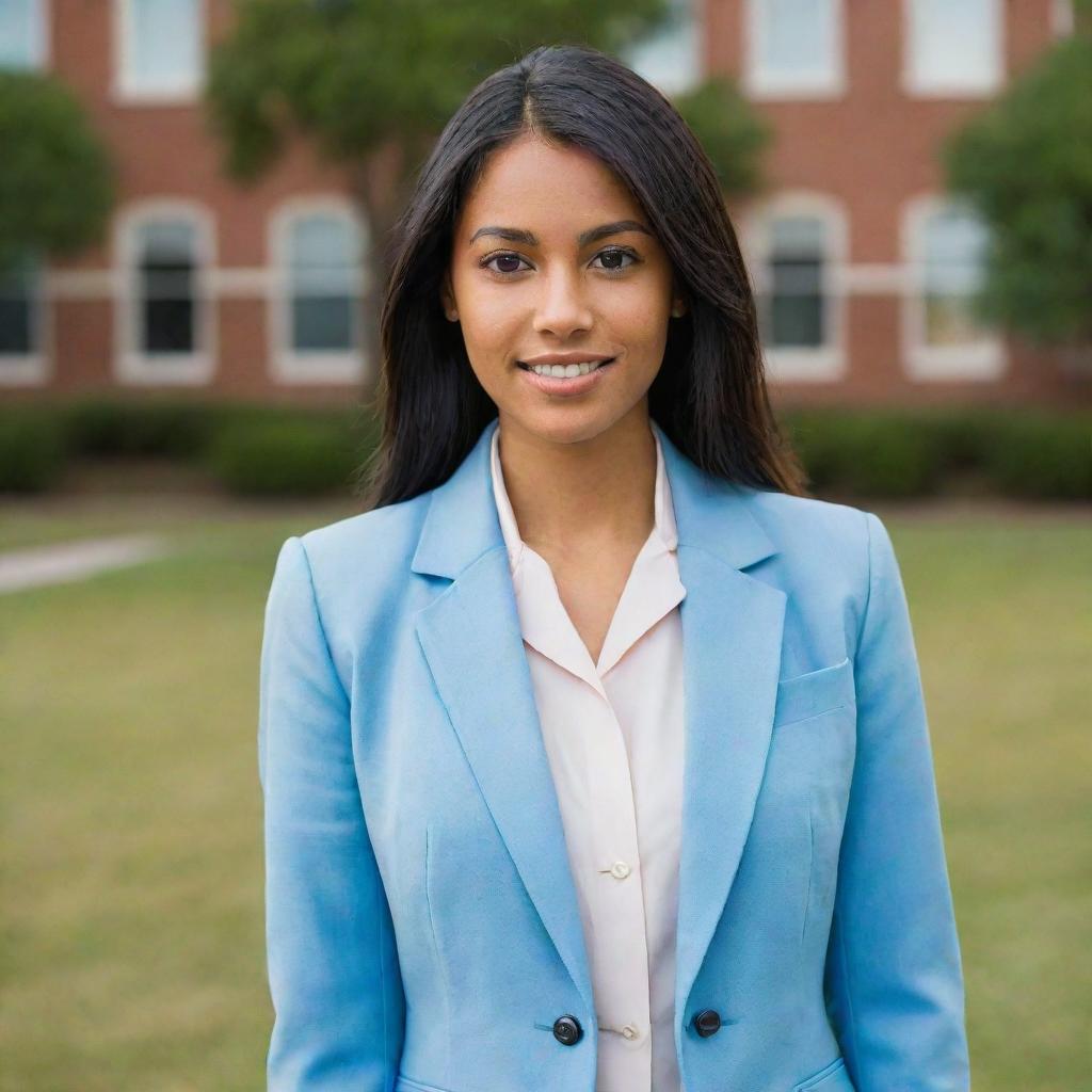 A pretty young woman with neat, straight, black, mid-length hair. She has a light-medium tan skin, an average build, and stands shorter than average. Her foxy brown eyes and pointy nose frame her face beautifully. She is wearing a light blue blazer as part of her university uniform.