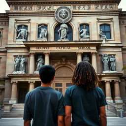 Two teenage boys standing with their backs to a large, majestic school featuring intricate Greek and Pharaonic symbols on its facade