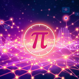 A visually captivating representation of Pi Network, featuring a futuristic digital landscape with glowing nodes and intricate blockchain patterns