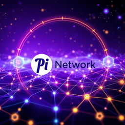 A visually captivating representation of Pi Network, featuring a futuristic digital landscape with glowing nodes and intricate blockchain patterns