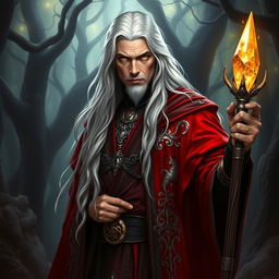 A striking human warlock with long, flowing white hair and intense golden eyes