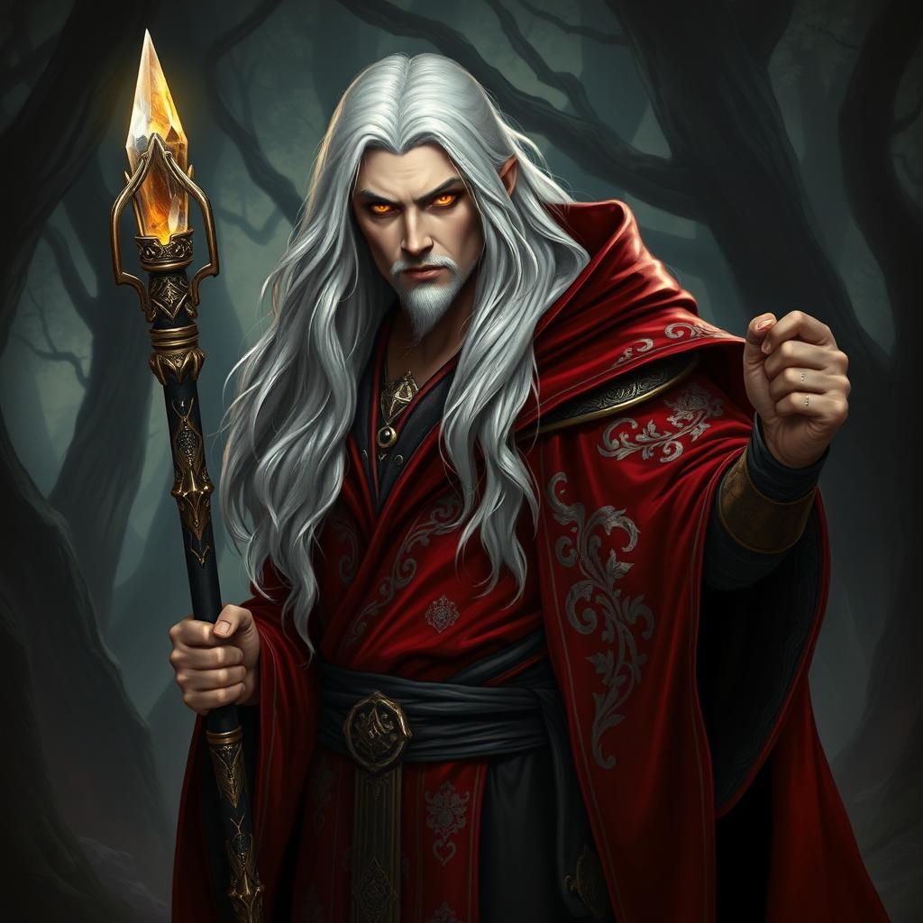 A striking human warlock with long, flowing white hair and intense golden eyes