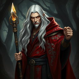 A striking human warlock with long, flowing white hair and intense golden eyes