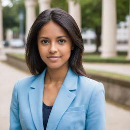 A pretty young woman with neat, straight, black, mid-length hair. She has a light-medium tan skin, an average build, and stands shorter than average. Her foxy brown eyes and pointy nose frame her face beautifully. She is wearing a light blue blazer as part of her university uniform.