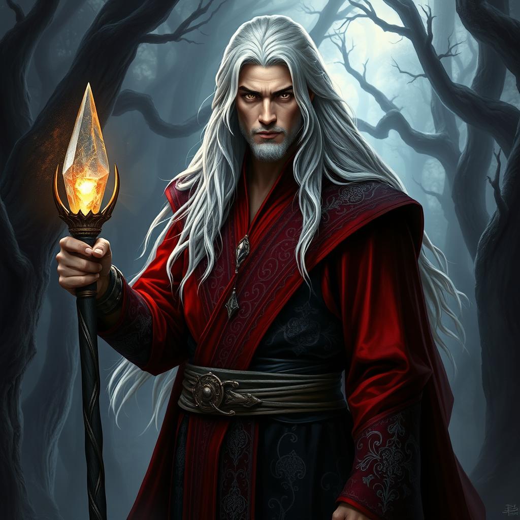 A striking human warlock with long, flowing white hair and intense golden eyes