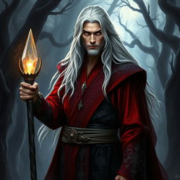 A striking human warlock with long, flowing white hair and intense golden eyes