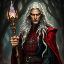 A striking human warlock with long, flowing white hair and intense golden eyes