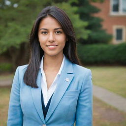 A pretty young woman with neat, straight, black, mid-length hair. She has a light-medium tan skin, an average build, and stands shorter than average. Her foxy brown eyes and pointy nose frame her face beautifully. She is wearing a light blue blazer as part of her university uniform.