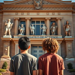 Two teenage boys stand with their backs to a large school characterized by intricate Greek and Pharaonic symbols on its facade