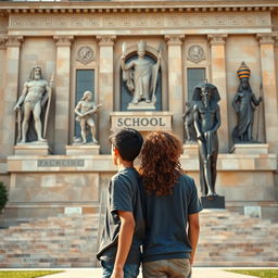 Two teenage boys stand with their backs to a large school characterized by intricate Greek and Pharaonic symbols on its facade