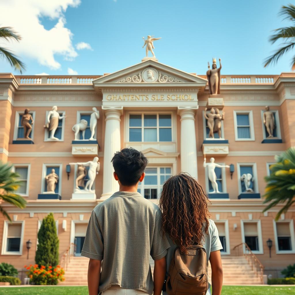 Two teenage boys stand with their backs to a large school characterized by intricate Greek and Pharaonic symbols on its facade