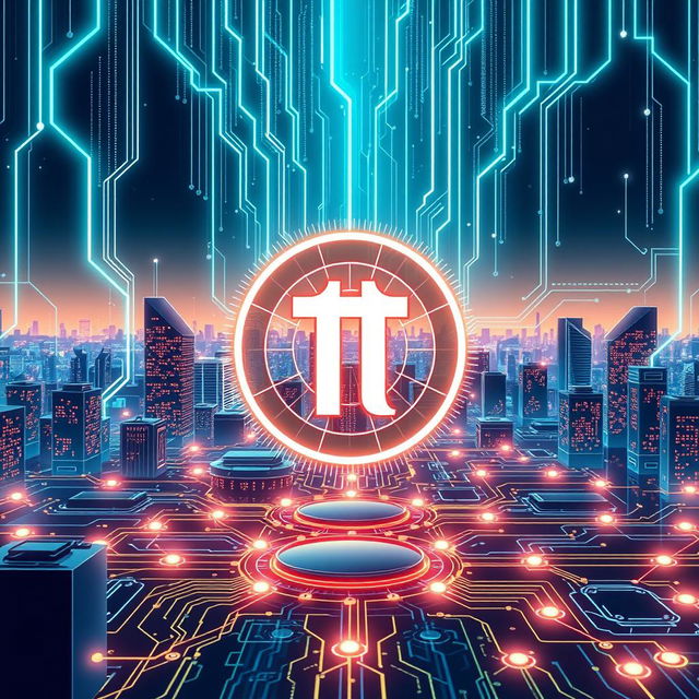 An impressive technological illustration of Pi Network, showcasing a sleek and modern digital interface that embodies the concept of cryptocurrency