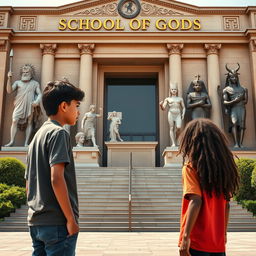 Two teenage boys stand with their backs to a large school named 'School of Gods,' adorned with intricate Greek and Pharaonic symbols