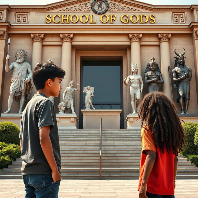 Two teenage boys stand with their backs to a large school named 'School of Gods,' adorned with intricate Greek and Pharaonic symbols