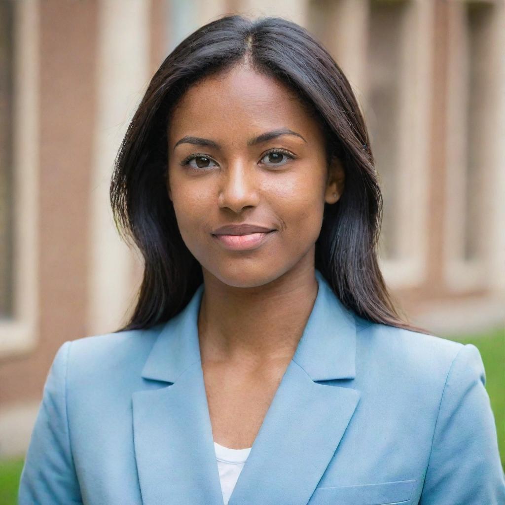 A pretty young woman with neat, straight, black, mid-length hair. She has a light-medium tan skin, an average build, and stands shorter than average. Her foxy brown eyes and pointy nose frame her face beautifully. She is wearing a light blue blazer as part of her university uniform.