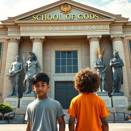 Two teenage boys stand with their backs to a large school named 'School of Gods,' adorned with intricate Greek and Pharaonic symbols