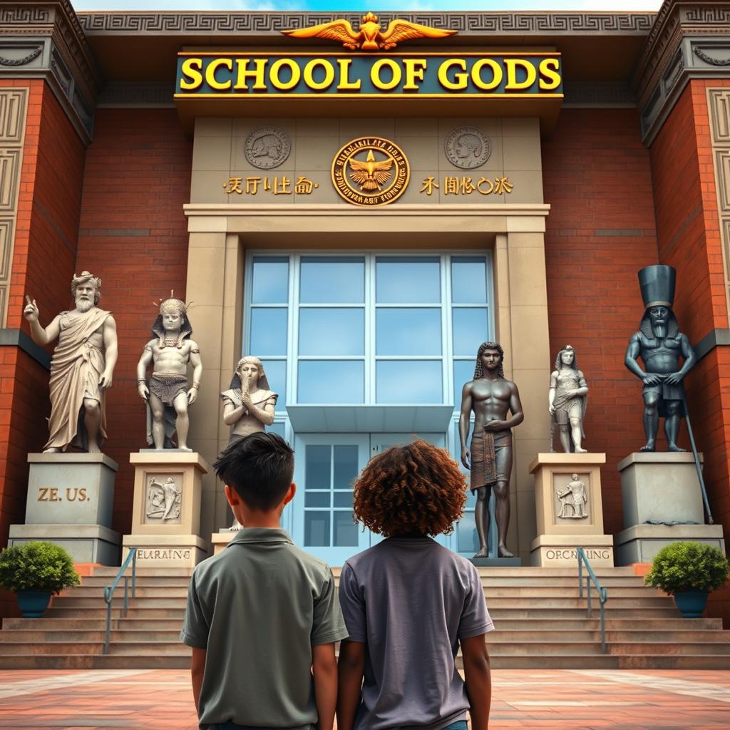 Two teenage boys stand with their backs to a large school named 'School of Gods,' adorned with intricate Greek and Pharaonic symbols