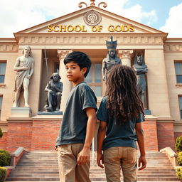 Two teenage boys stand with their backs to a large school named 'School of Gods,' adorned with intricate Greek and Pharaonic symbols