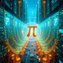 An extraordinary technological depiction of Pi Network, showcasing an elaborate visual of the Pi code represented as a stunning digital matrix