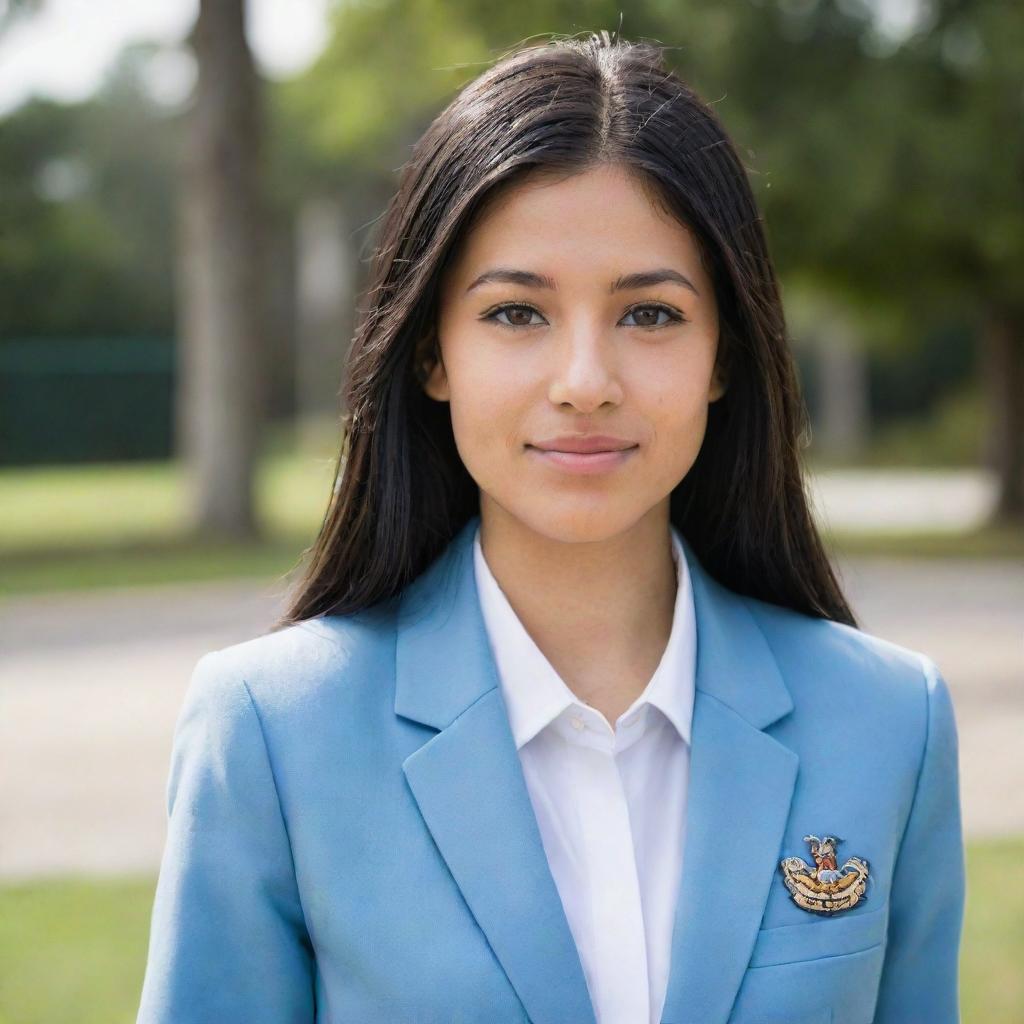 A pretty young woman with neat and straight, mid-length black hair. She has light tan skin, an average build, and stands shorter than average height. Her brown eyes have a foxy charm and she has a pointy nose. She's dressed in a light blue university blazer uniform.