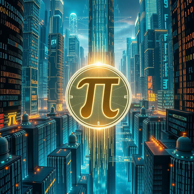 An extraordinary technological depiction of Pi Network, showcasing an elaborate visual of the Pi code represented as a stunning digital matrix