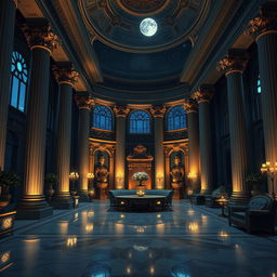 An enchanting interior of a high fantasy palace at night, showcasing a Roman aesthetic illuminated by soft, ambient lighting