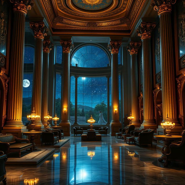 An enchanting interior of a high fantasy palace at night, showcasing a Roman aesthetic illuminated by soft, ambient lighting