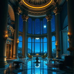 An enchanting interior of a high fantasy palace at night, showcasing a Roman aesthetic illuminated by soft, ambient lighting