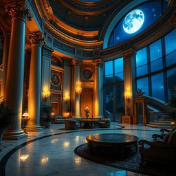 An enchanting interior of a high fantasy palace at night, showcasing a Roman aesthetic illuminated by soft, ambient lighting