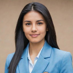 A pretty young woman with neat and straight, mid-length black hair. She has light tan skin, an average build, and stands shorter than average height. Her brown eyes have a foxy charm and she has a pointy nose. She's dressed in a light blue university blazer uniform.