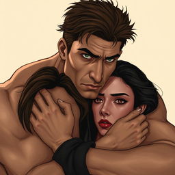 A muscular man with brown hair and striking green eyes, showcasing a defined jawline and prominent cheekbones, gripping a woman firmly by the neck