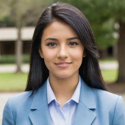 A pretty young woman with neat and straight, mid-length black hair. She has light tan skin, an average build, and stands shorter than average height. Her brown eyes have a foxy charm and she has a pointy nose. She's dressed in a light blue university blazer uniform.