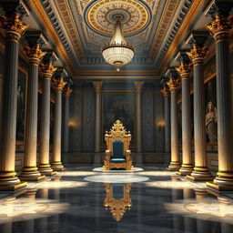 A breathtaking interior image of a high fantasy palace throne room at night, featuring a stunning Roman aesthetic