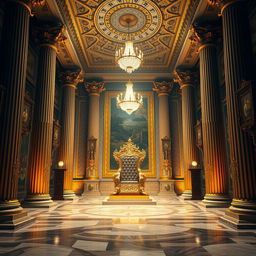 A breathtaking interior image of a high fantasy palace throne room at night, featuring a stunning Roman aesthetic