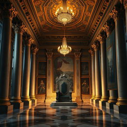 A breathtaking interior image of a high fantasy palace throne room at night, featuring a stunning Roman aesthetic