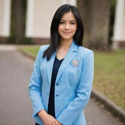 A pretty young woman with neat and straight, mid-length black hair. She has light tan skin, an average build, and stands shorter than average height. Her brown eyes have a foxy charm and she has a pointy nose. She's dressed in a light blue university blazer uniform.