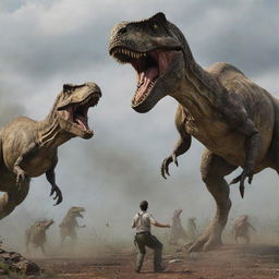 In an unexpected twist, the towering Tyrannosaurus Rex arrives and confronts the attacking Velociraptors, diverting their attention away from the fleeing visitors. The tense standoff between the prehistoric titans fills the scene with awe and dread.