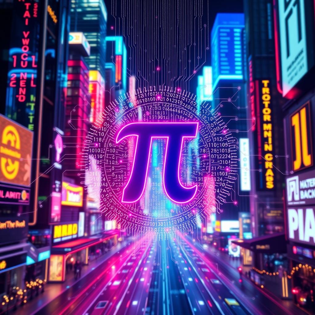 A visually striking and advanced representation of Pi Network, featuring a prominent Pi symbol at the forefront, intricately woven with dynamic streams of Pi code