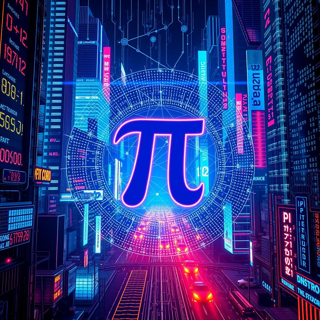 A visually striking and advanced representation of Pi Network, featuring a prominent Pi symbol at the forefront, intricately woven with dynamic streams of Pi code