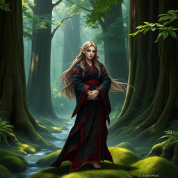 A mystical forest elf female Monk, standing gracefully amidst a lush, enchanted forest