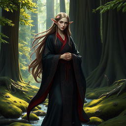 A mystical forest elf female Monk, standing gracefully amidst a lush, enchanted forest