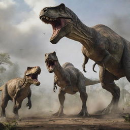 In an unexpected twist, the towering Tyrannosaurus Rex arrives and confronts the attacking Velociraptors, diverting their attention away from the fleeing visitors. The tense standoff between the prehistoric titans fills the scene with awe and dread.