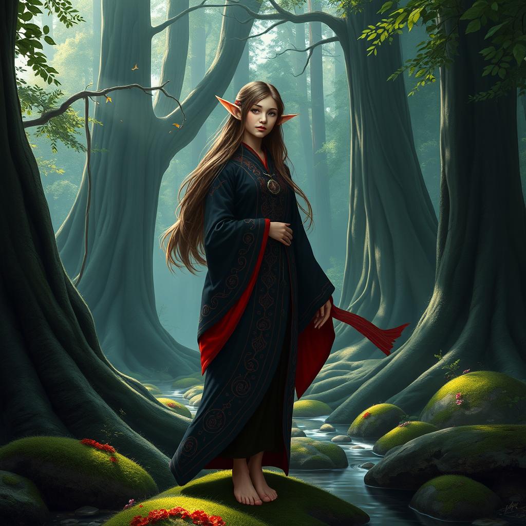 A mystical forest elf female Monk, standing gracefully amidst a lush, enchanted forest