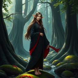 A mystical forest elf female Monk, standing gracefully amidst a lush, enchanted forest